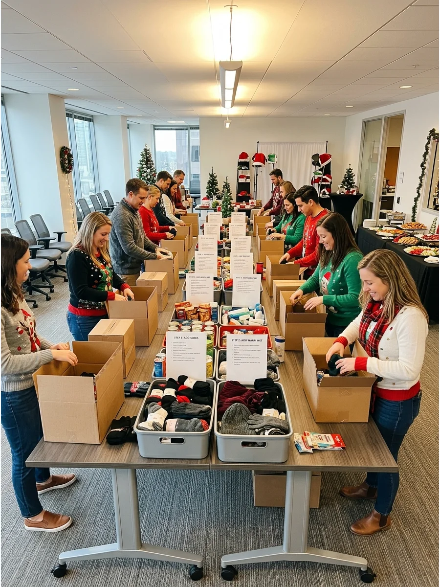 Staff members working together to pack charity boxes in an office setting.