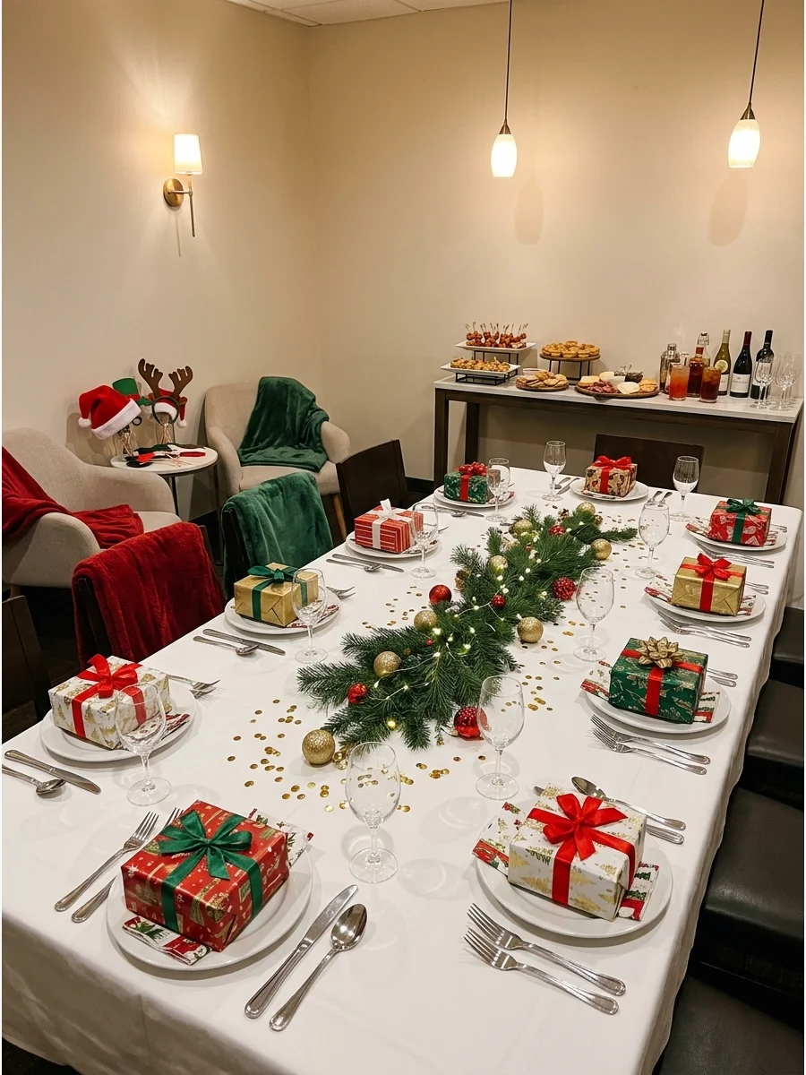 A restaurant table set for a holiday meal with wrapped gifts for a Secret Santa exchange.