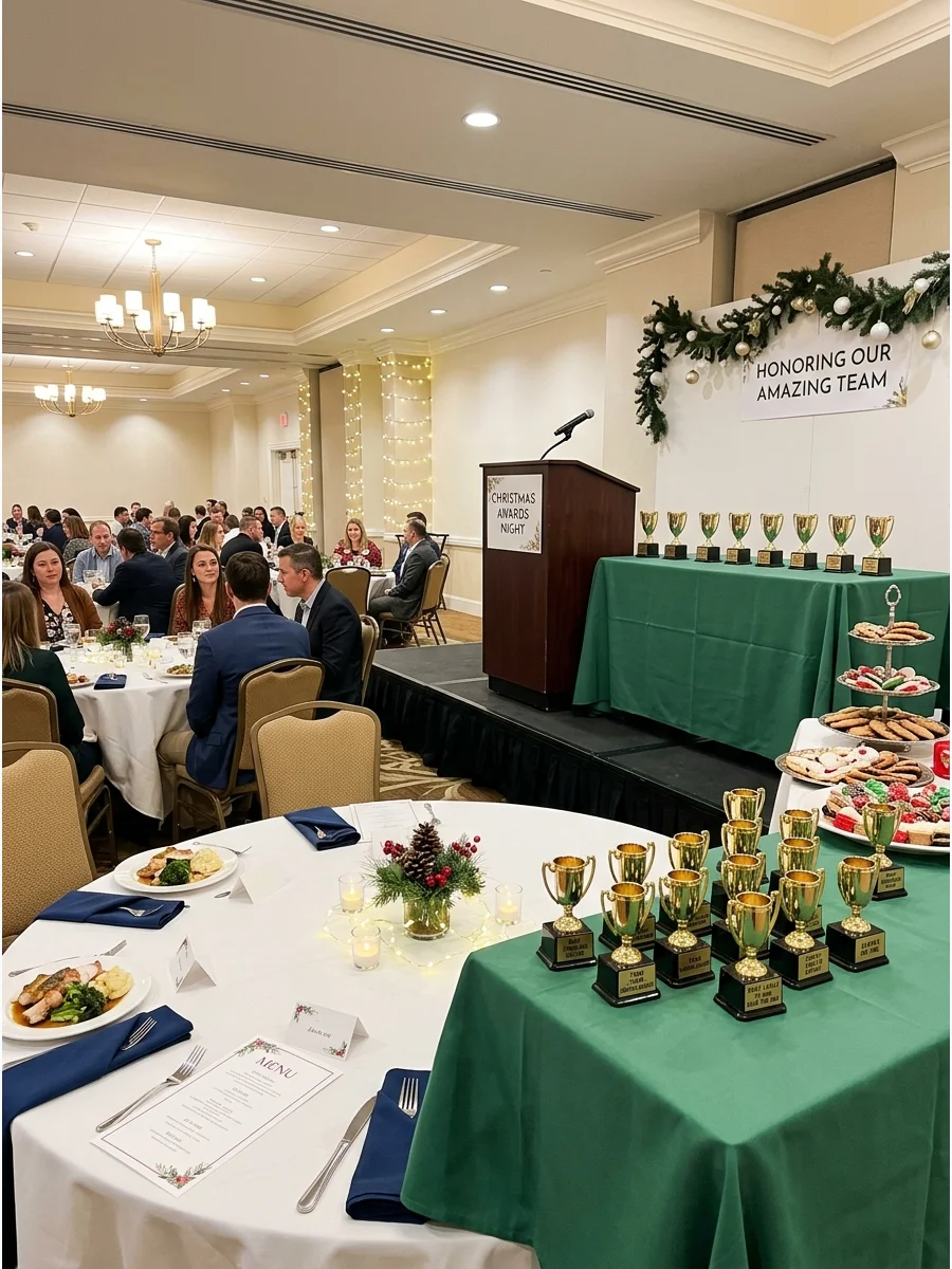 An awards ceremony setup in a ballroom with a podium and trophies.