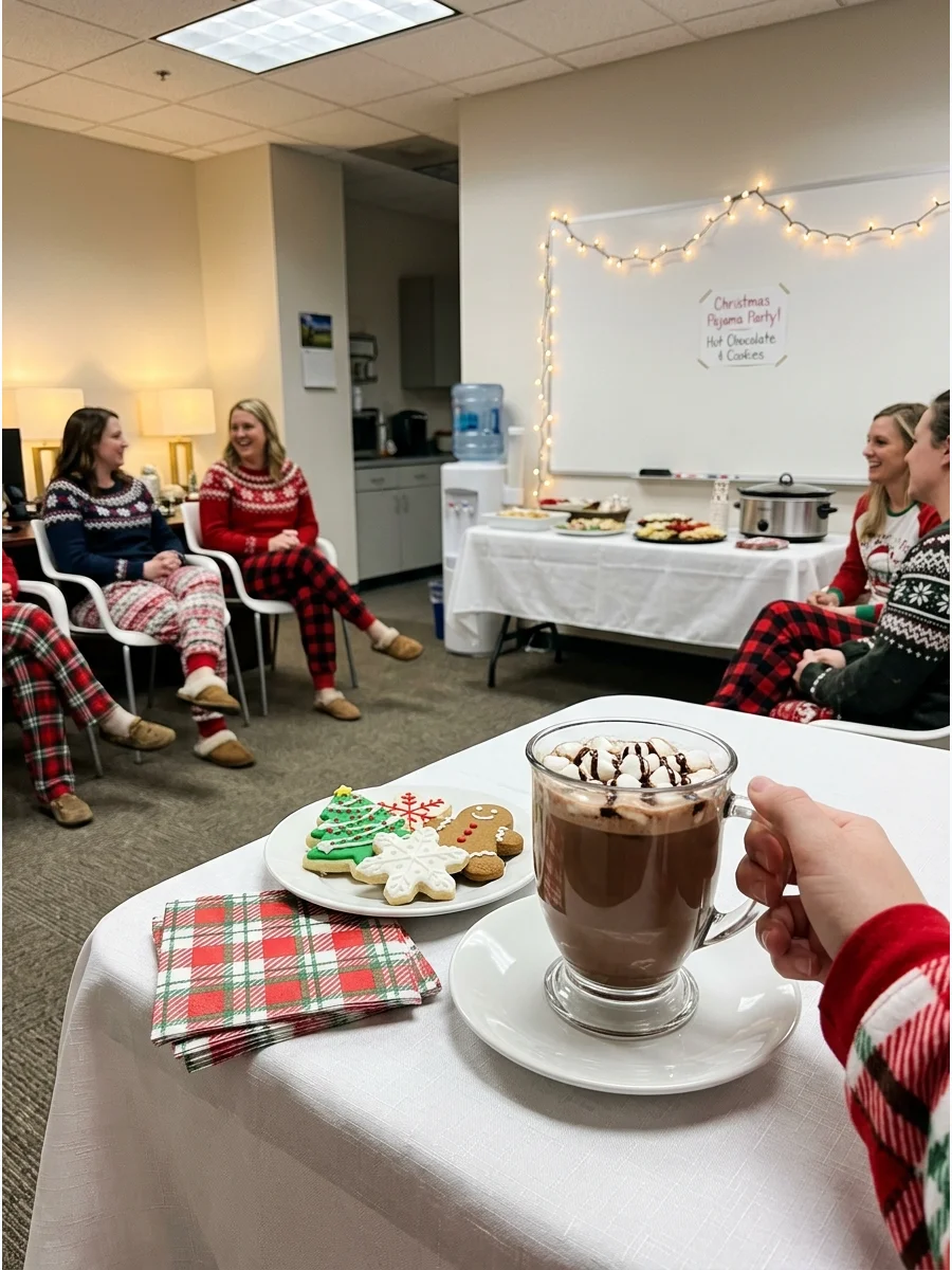 Coworkers wearing festive pajamas sitting in a decorated office common area.