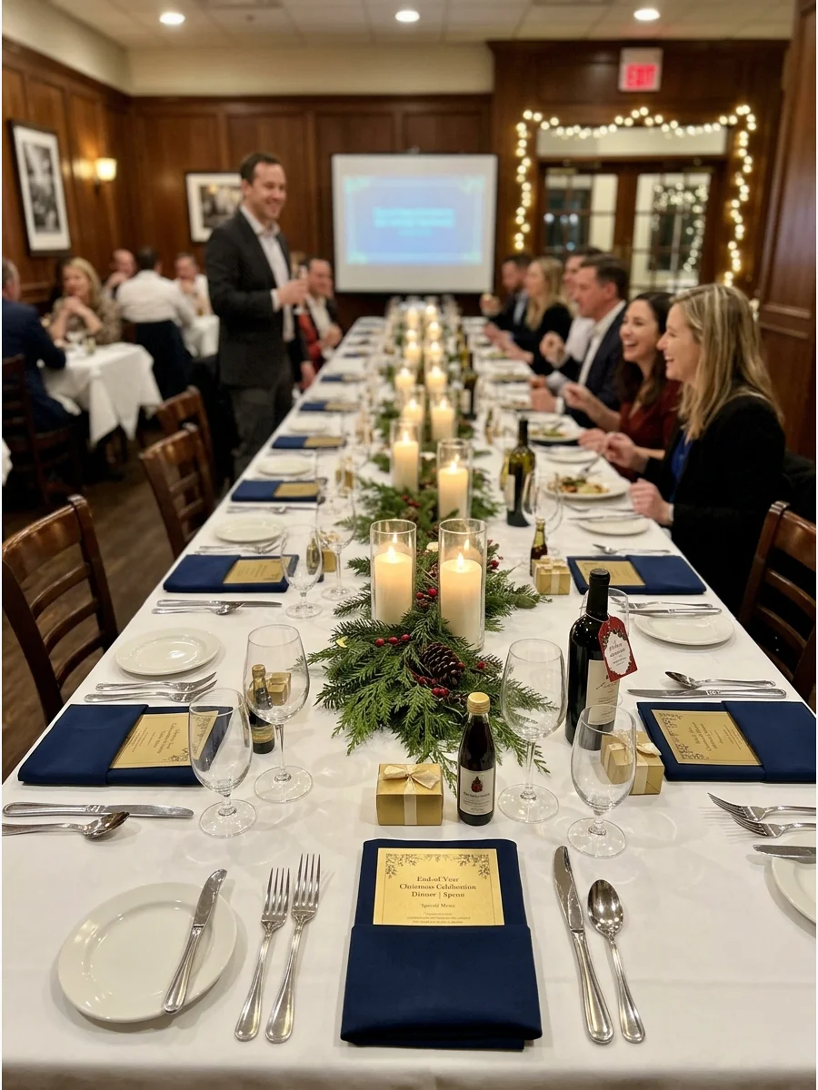 An elegant holiday dinner table set in a private restaurant room.