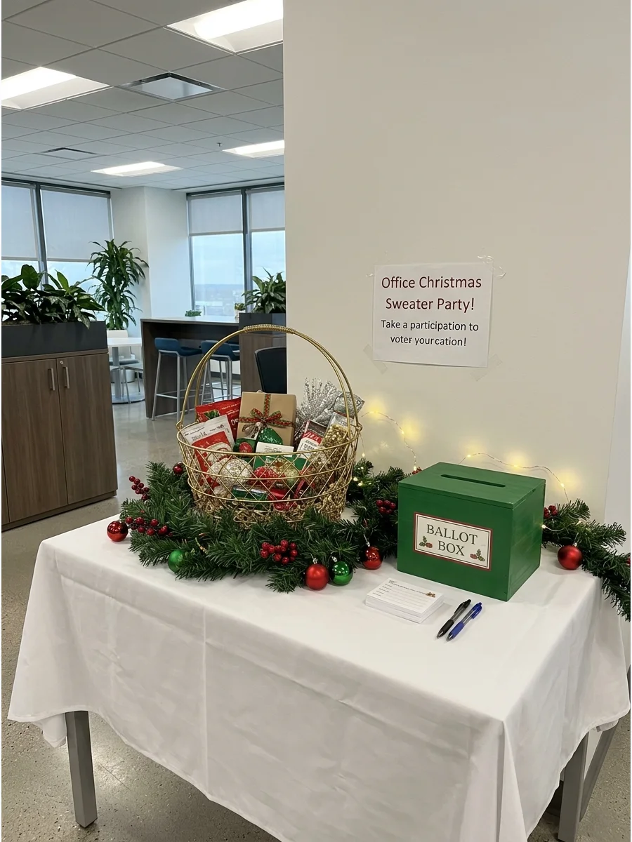 A holiday prize basket on a decorated table for a sweater contest.