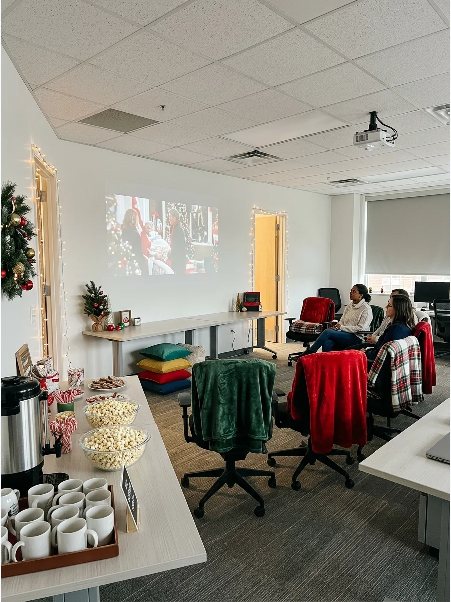 An office conference room set up as a cinema with a holiday movie on the wall.