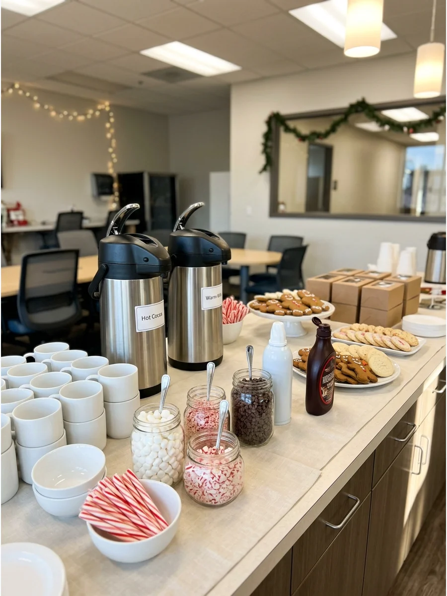 A festive hot chocolate station with white mugs and red peppermint toppings.