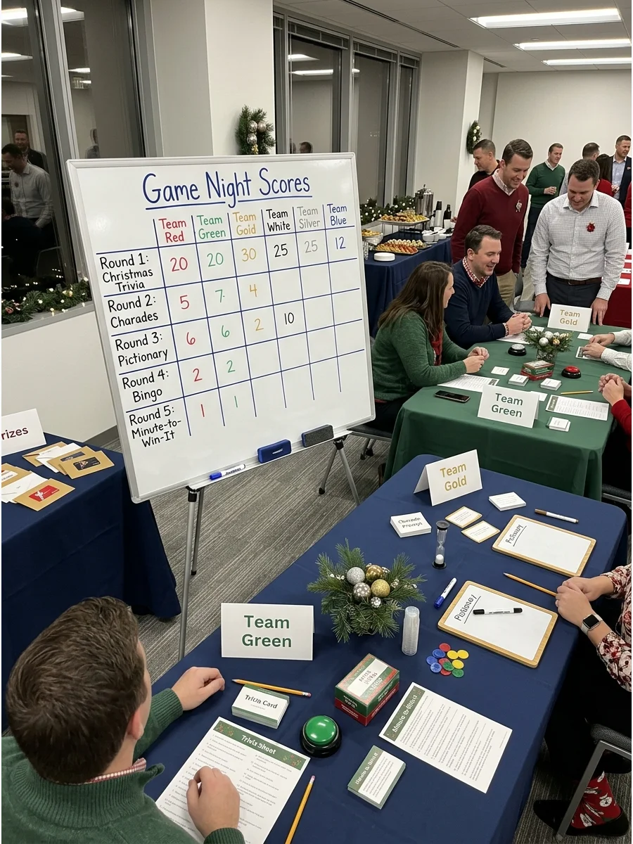 A game night setup in an office with a scoreboard and activity tables.