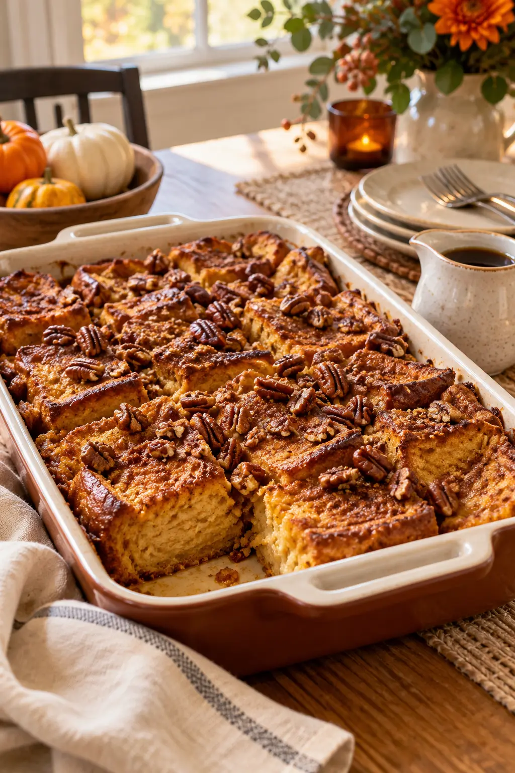 Pumpkin French toast casserole with pecans and maple syrup on a Friendsgiving brunch table