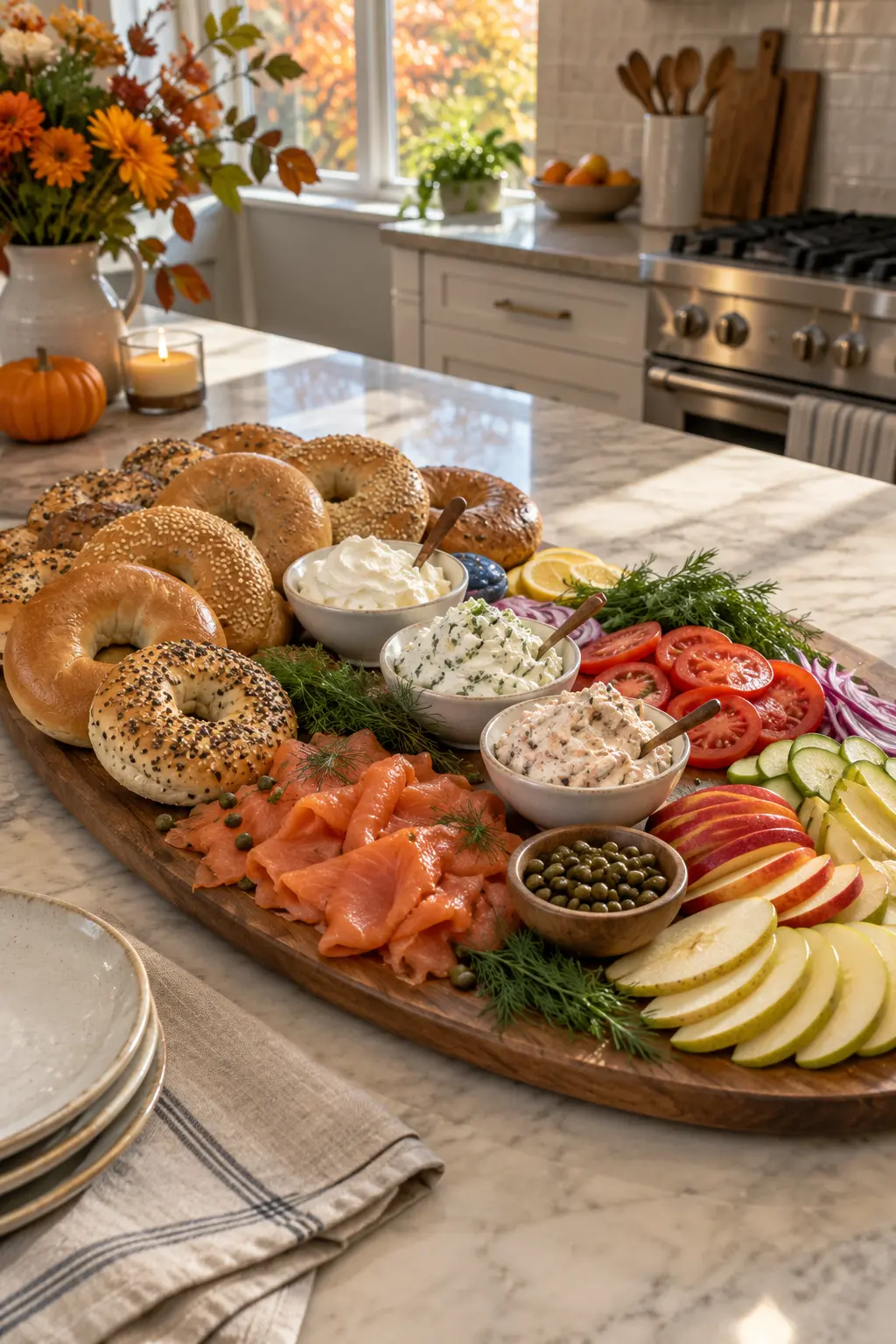 Harvest bagel board with cream cheese smoked salmon sliced vegetables and fall fruit