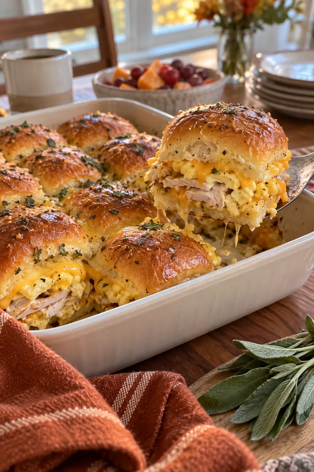 Turkey sage egg and cheese breakfast sliders in a baking dish for Friendsgiving brunch