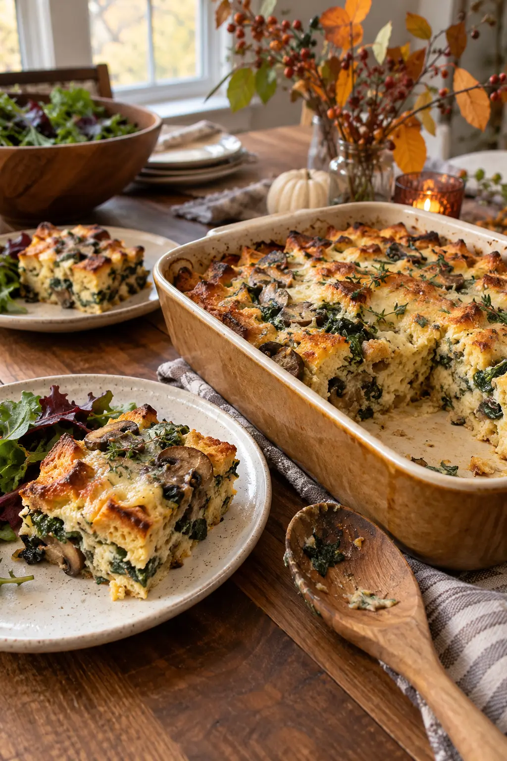 Golden spinach mushroom strata cut into squares on a casual fall brunch buffet