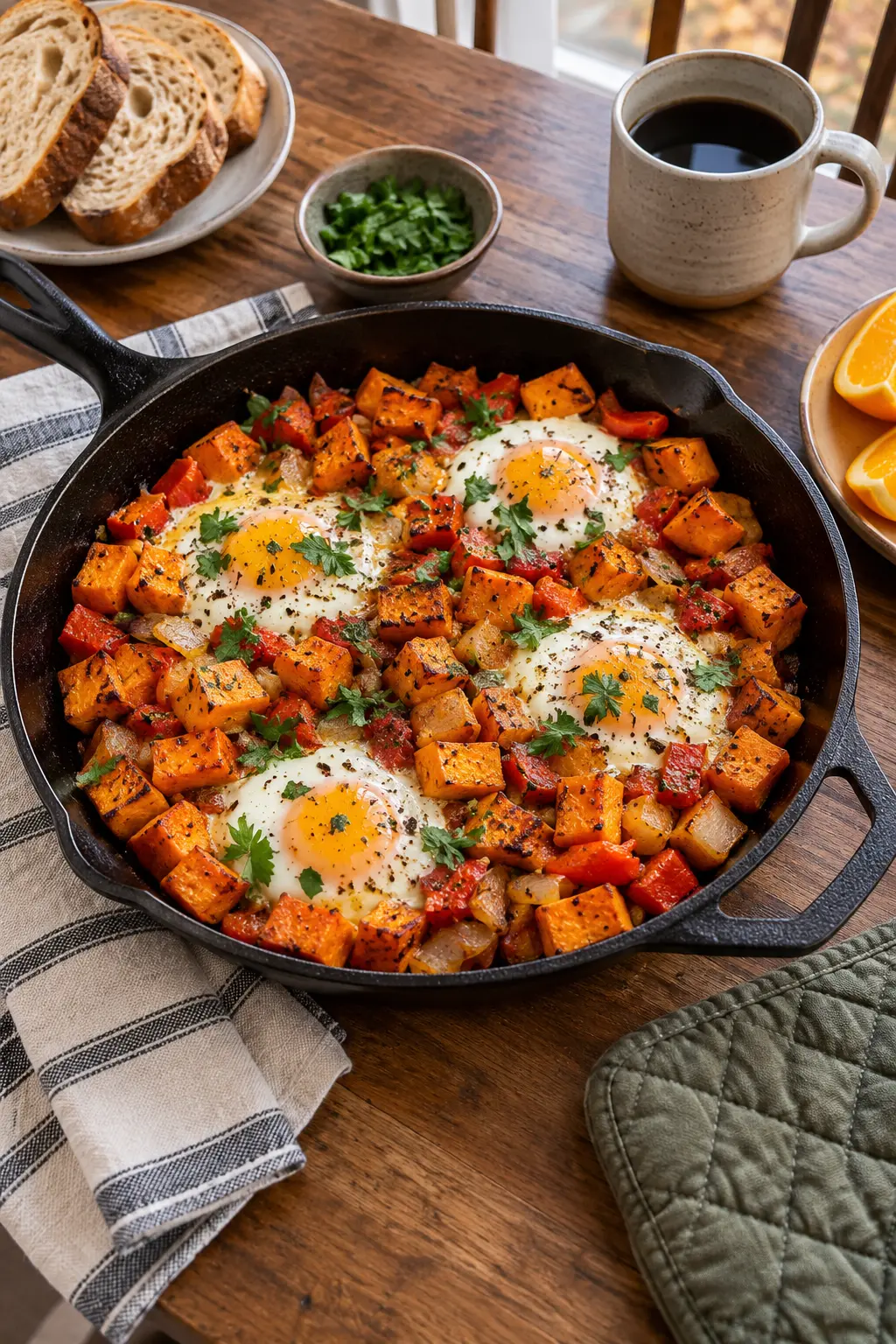 Cast iron sweet potato hash with baked eggs peppers and herbs on a brunch table