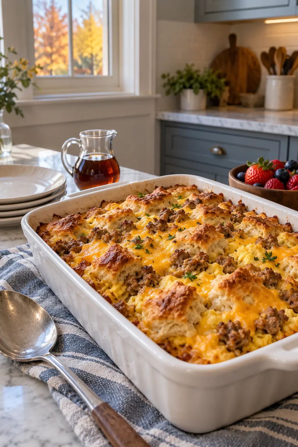 Maple sausage biscuit breakfast bake in a white casserole dish with fall linens