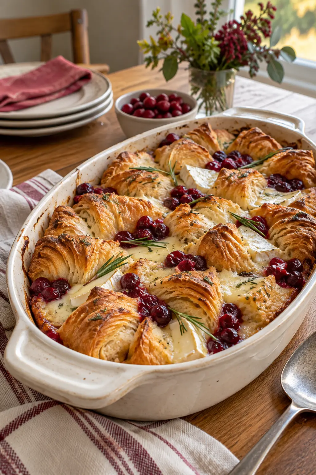 Cranberry Brie croissant brunch bake with rosemary in a ceramic dish