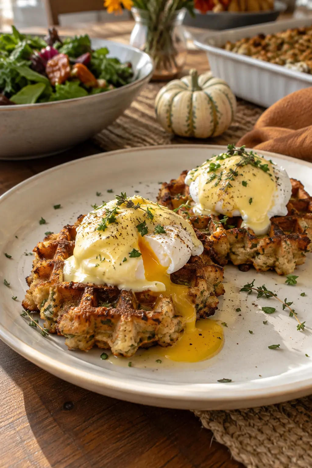 Savory stuffing waffles topped with poached eggs and sauce for Friendsgiving brunch