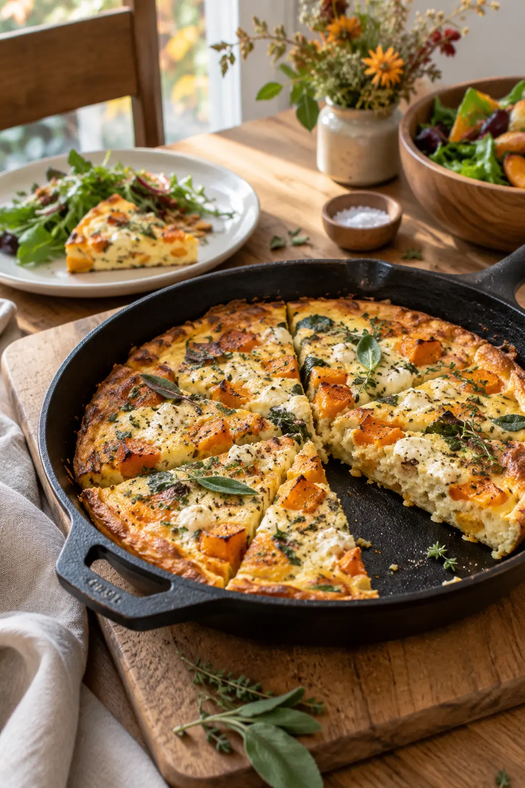 Pumpkin goat cheese frittata with herbs sliced on a wooden brunch board