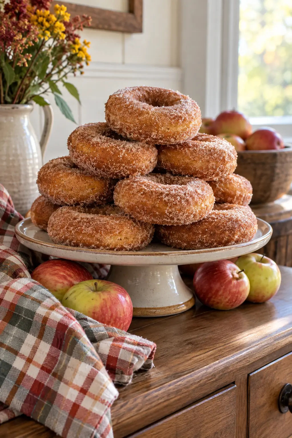 Apple cider donuts stacked on a cake stand with apples at a Friendsgiving brunch