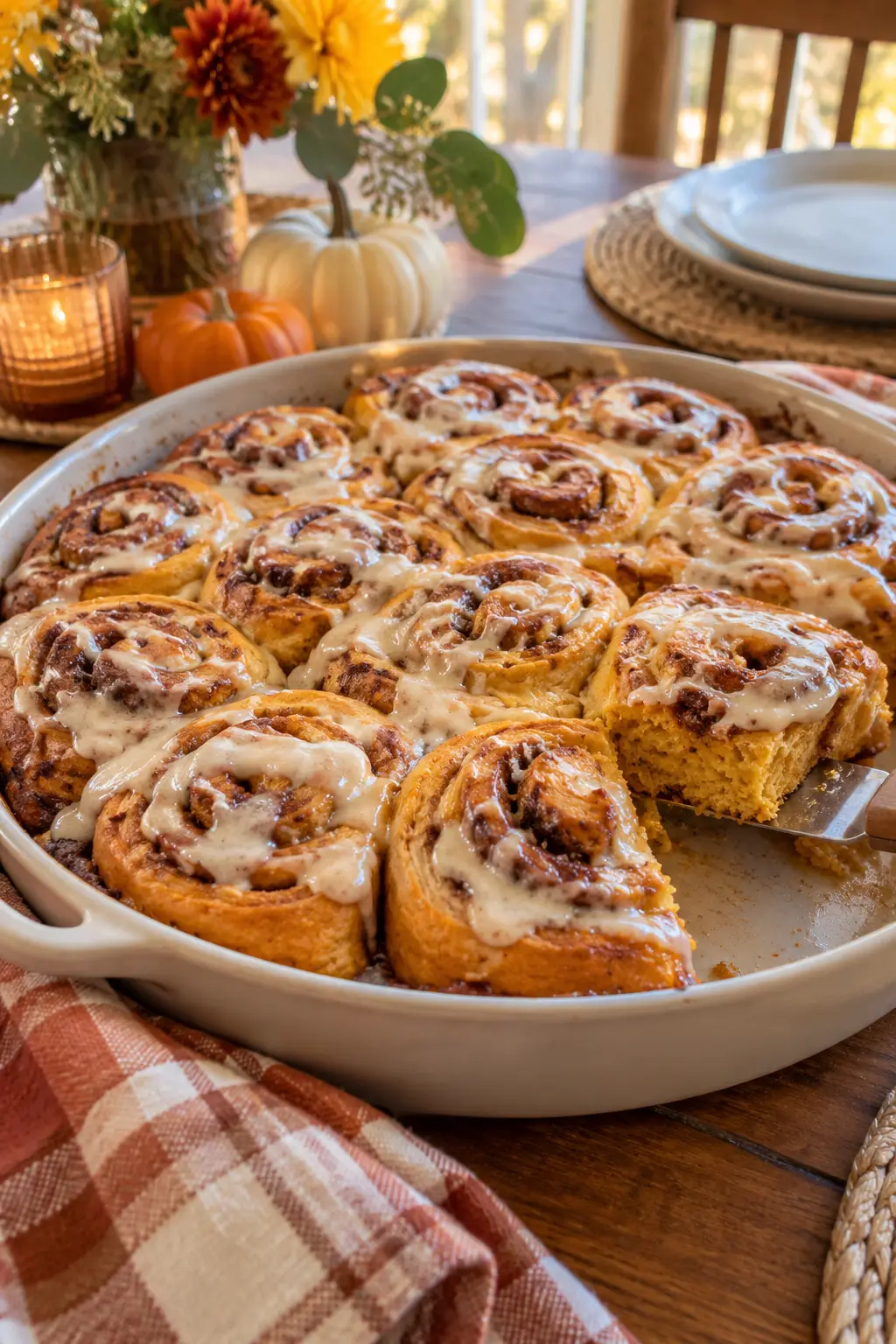 Mini pumpkin cinnamon rolls with cream cheese glaze in a round baking pan