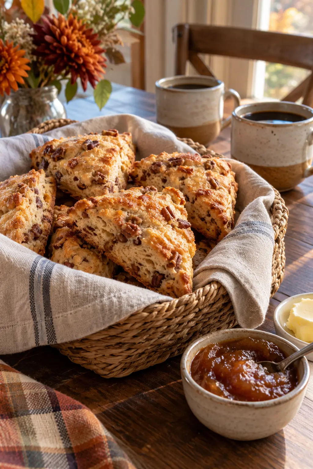 Maple pecan scones in a linen lined basket beside coffee and butter