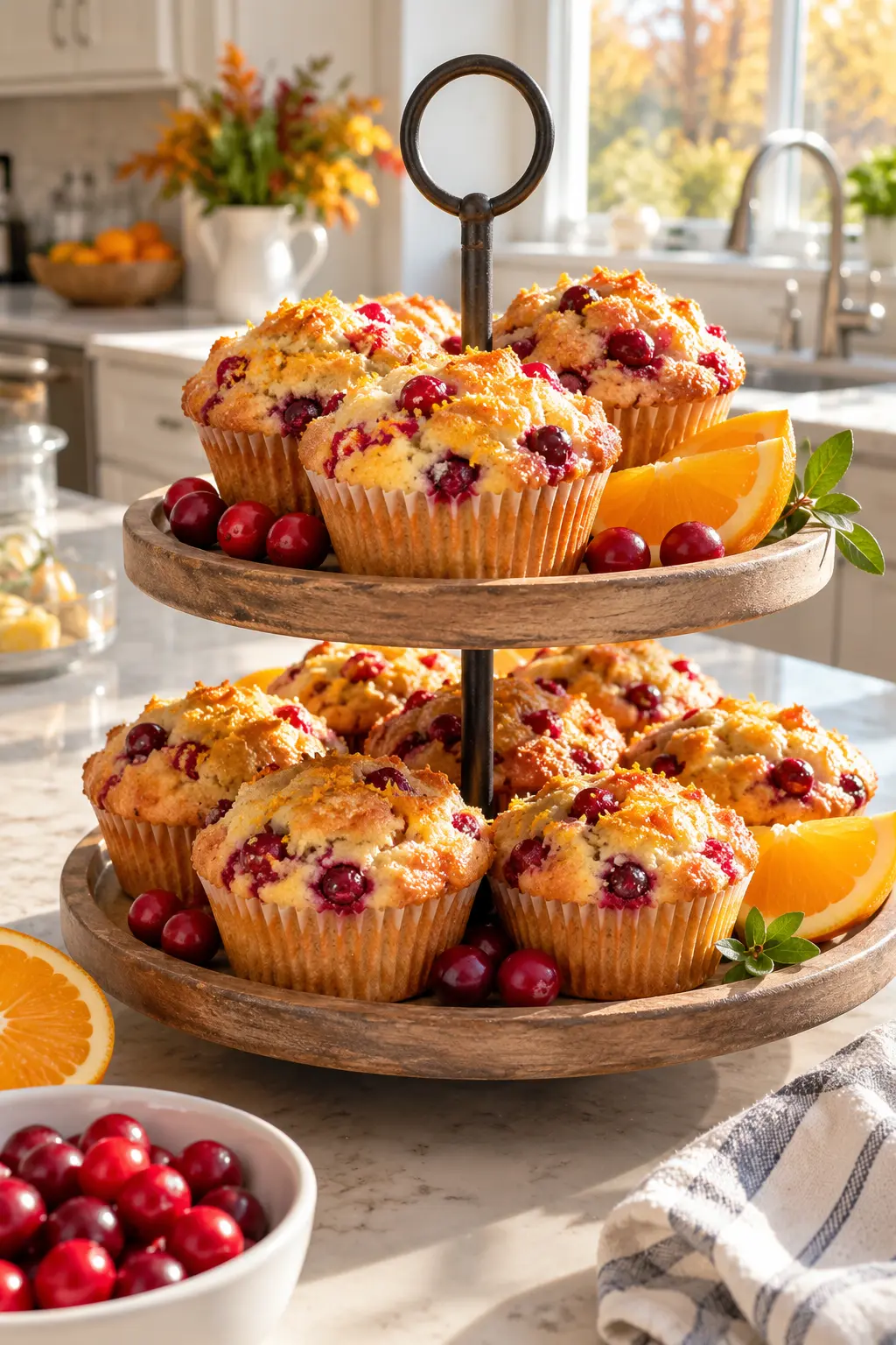 Cranberry orange muffins on a tiered tray with fresh cranberries and orange slices