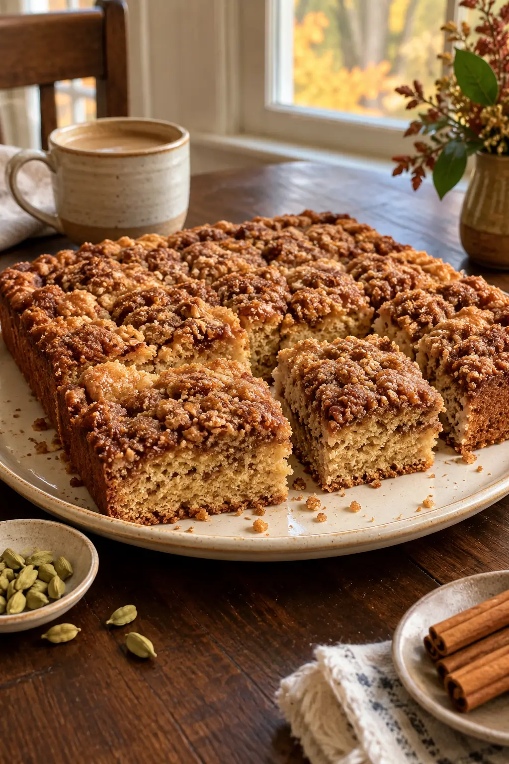 Chai spiced coffee cake with crumb topping cut into squares on a fall brunch table