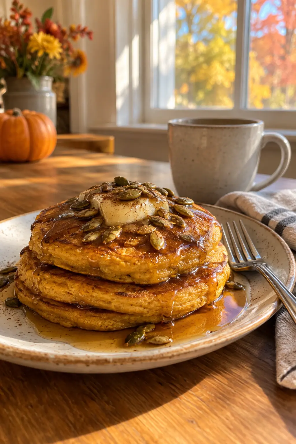 Stack of pumpkin pancakes with brown butter maple syrup and toasted seeds