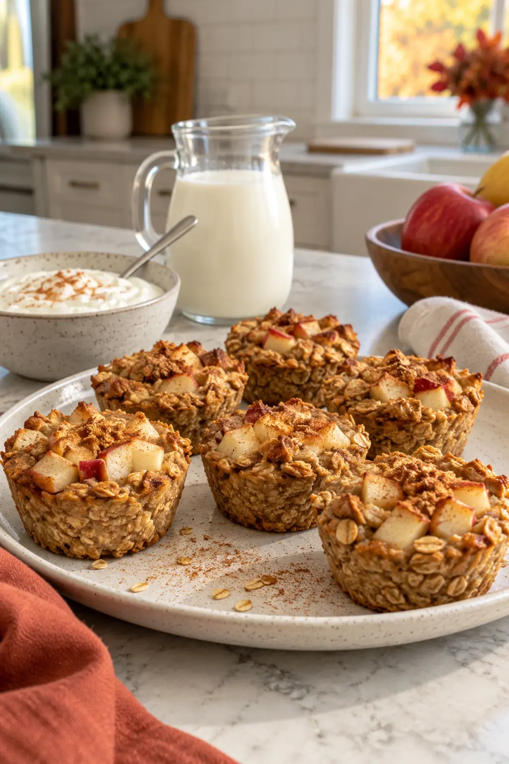 Individual baked apple oatmeal cups with cinnamon and diced apples on a platter
