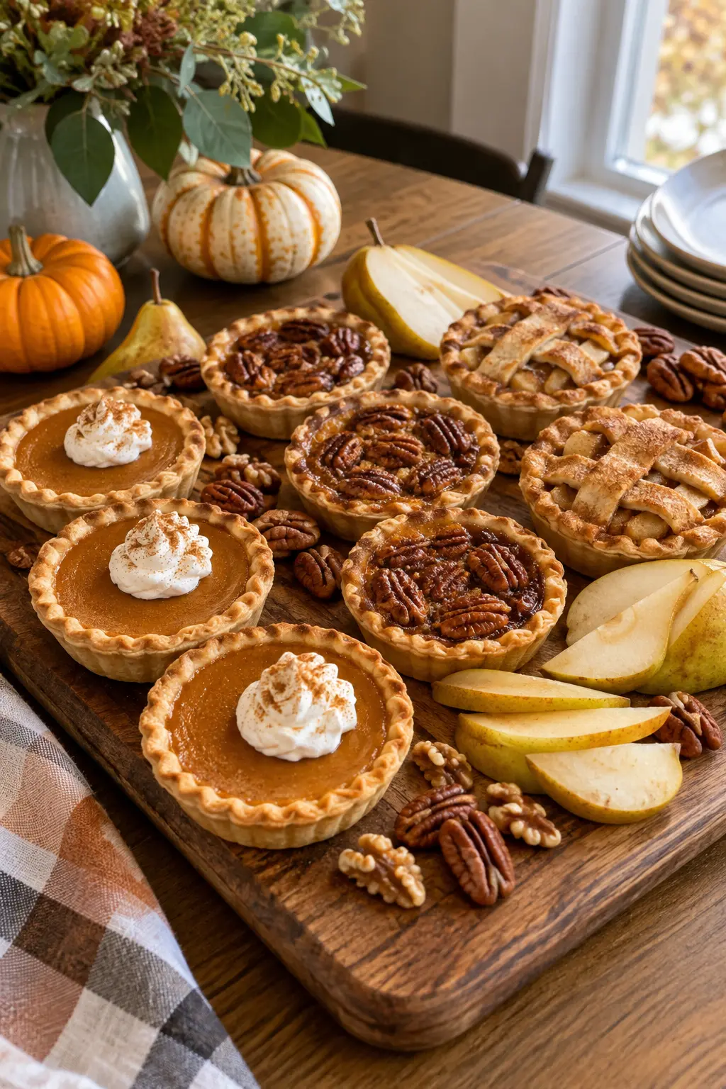 Board of mini pumpkin pecan and apple pies with fruit for Friendsgiving brunch