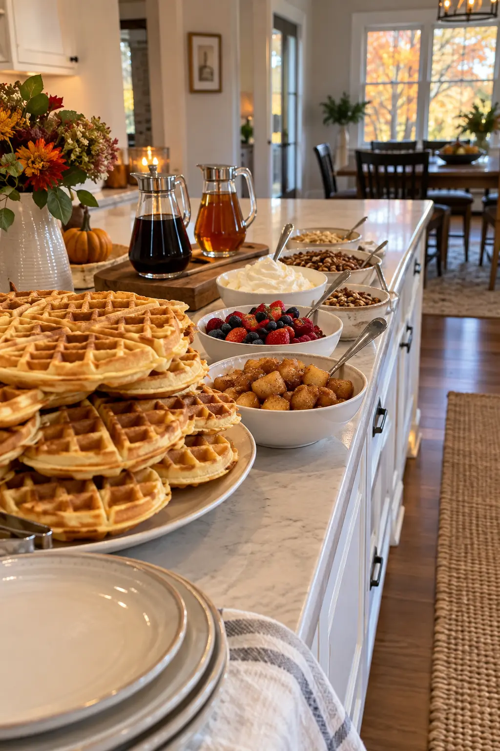 Friendsgiving waffle bar with warm waffles fruit cream nuts and maple syrup