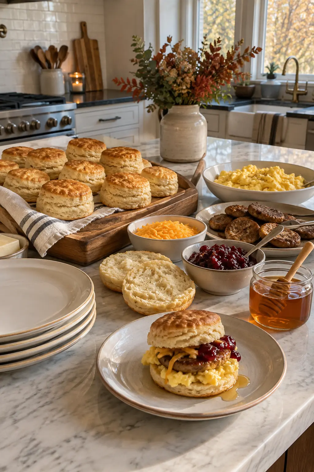 Biscuit sandwich bar with eggs cheese turkey sausage and jam on a kitchen island