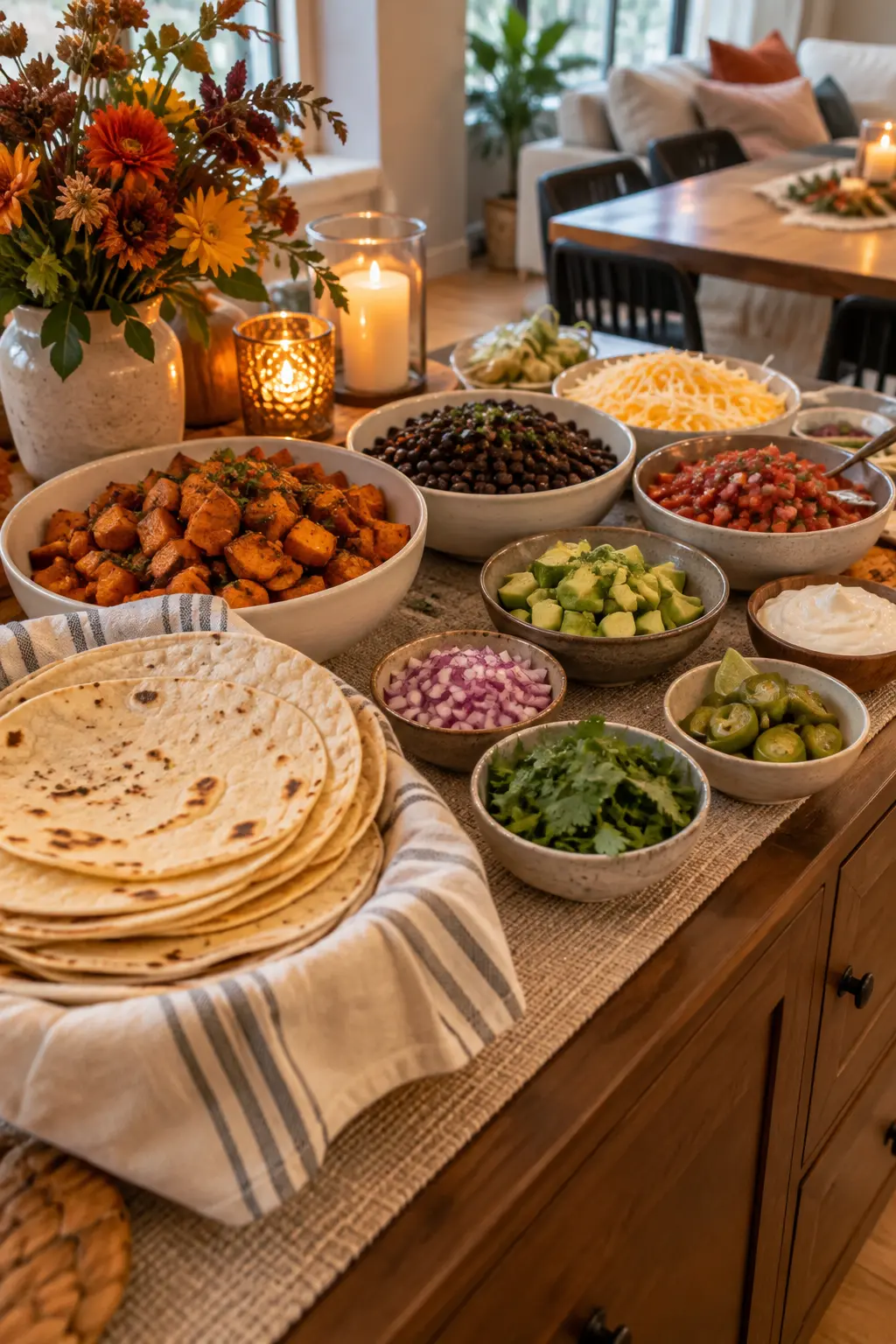 Fall breakfast taco bar with eggs sweet potatoes beans avocado and warm tortillas