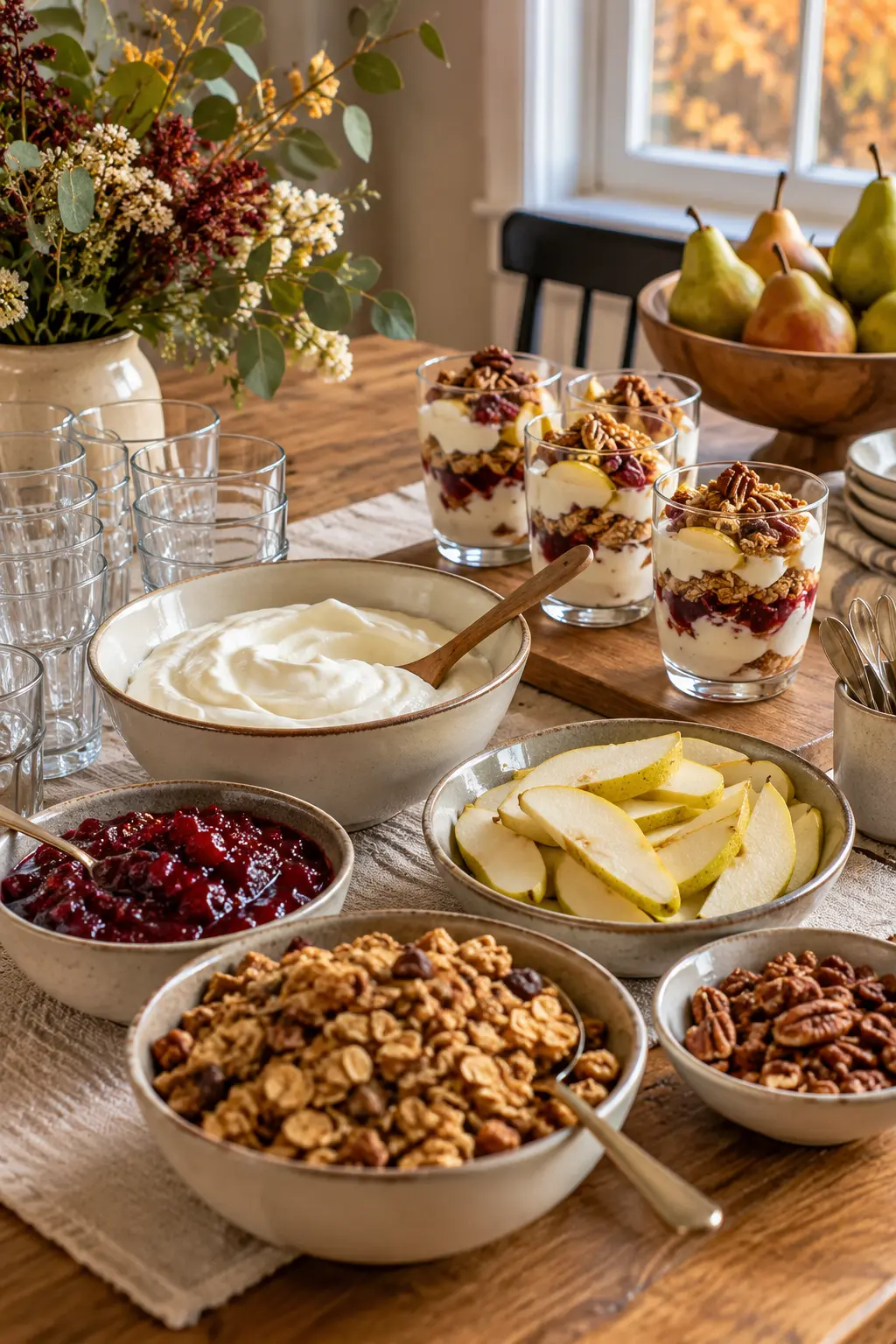Yogurt parfait station with glass cups granola pears cranberries and nuts