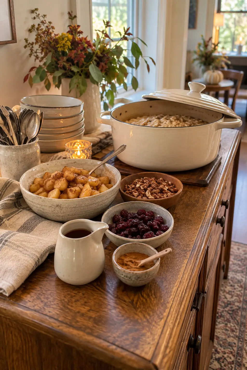 Warm oatmeal bar with apples pecans maple syrup dried cranberries and cinnamon