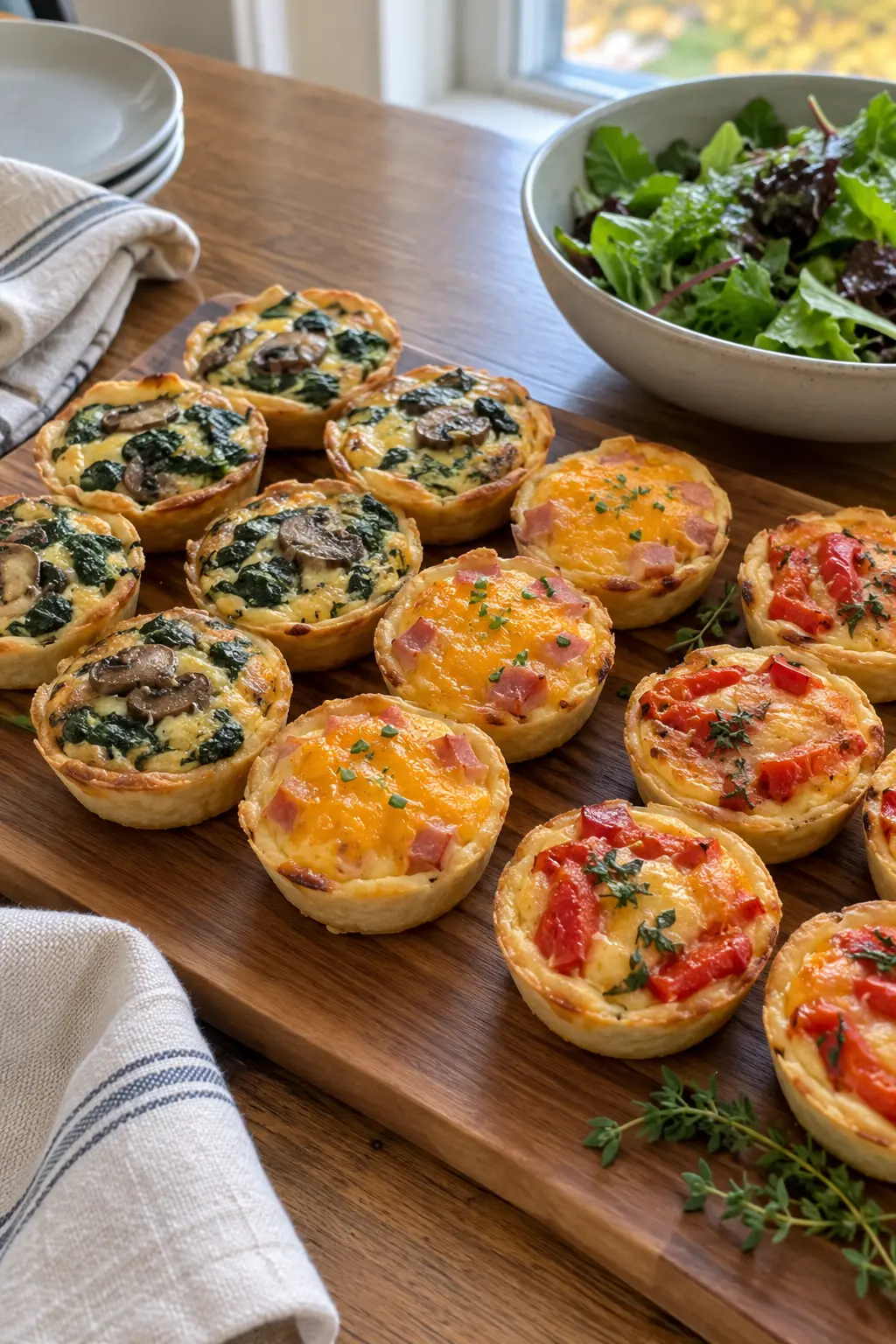 Mini quiche tasting board with spinach mushroom ham and cheese varieties