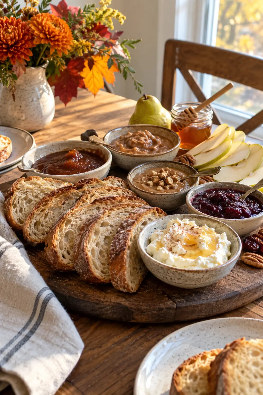 Toast board with rustic bread apple butter whipped ricotta jam and sliced pears