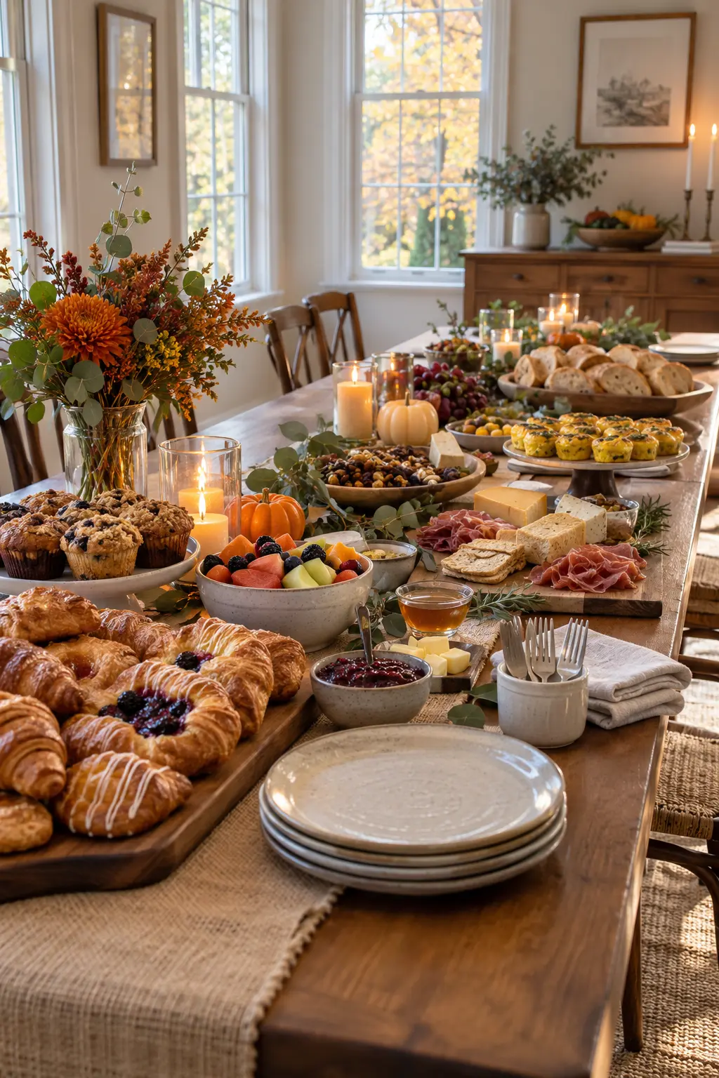 Sweet and savory Friendsgiving brunch grazing table with pastries eggs fruit cheese and bread