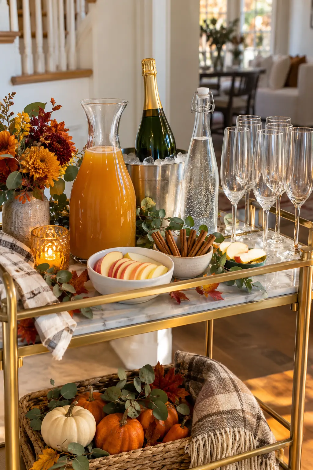 Apple cider mimosa bar with sparkling wine cider apple slices and cinnamon sticks