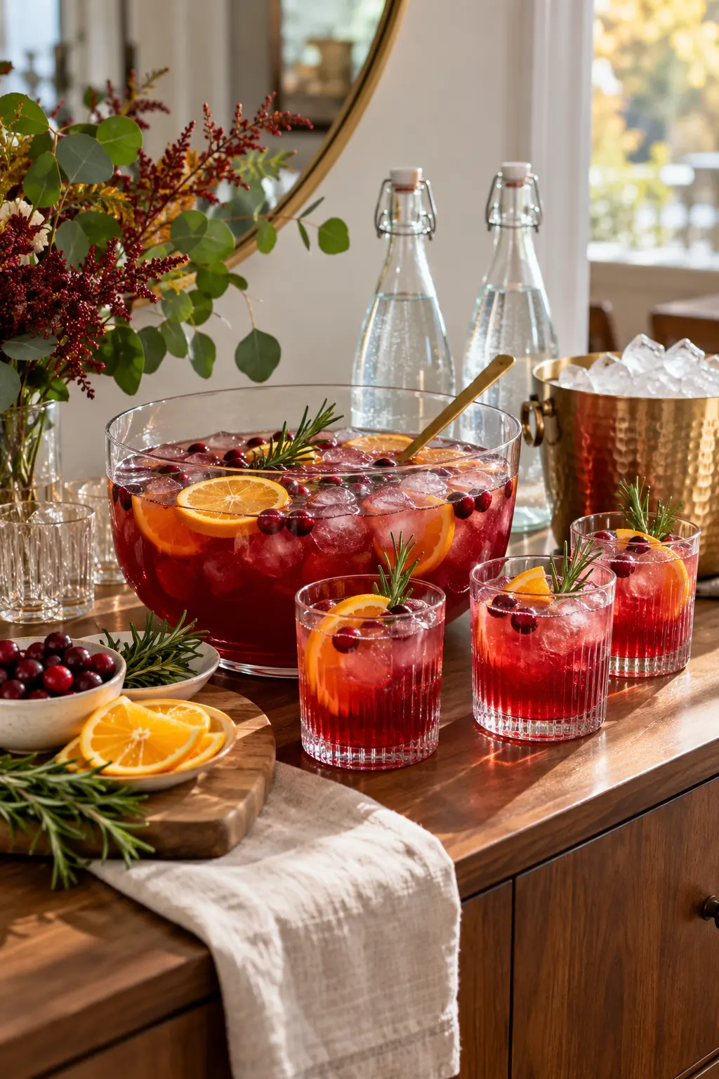 Cranberry rosemary zero proof spritz station with ice citrus and sparkling water