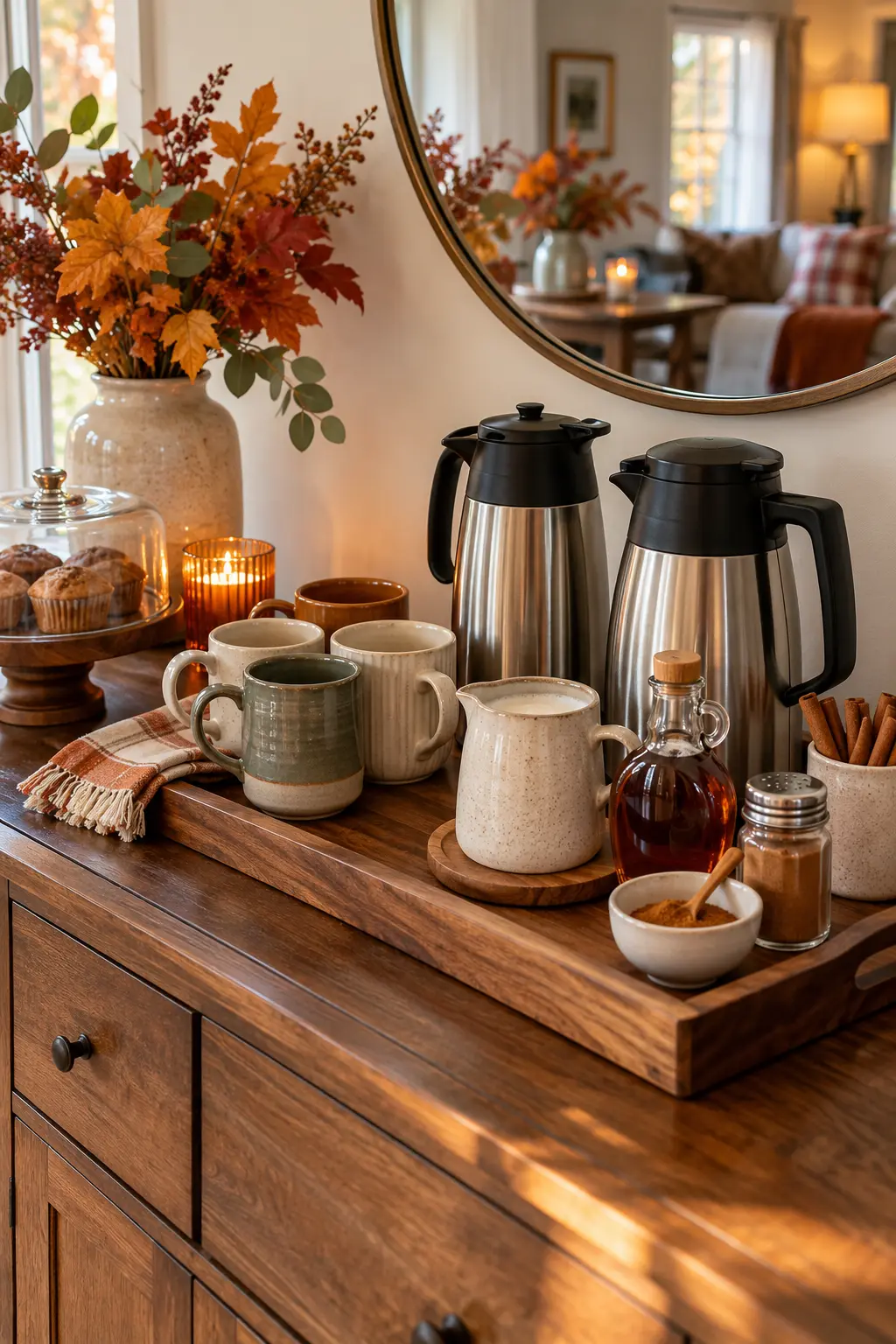 Maple latte coffee bar with carafes milk cinnamon and mugs in a cozy home kitchen