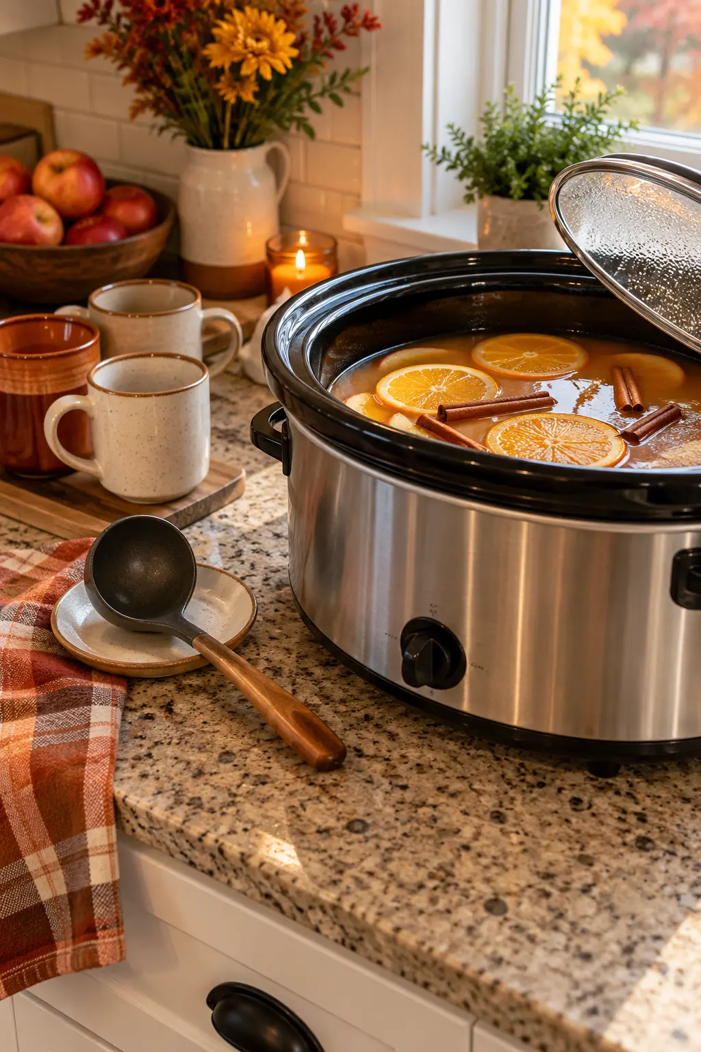 Slow cooker hot apple cider station with mugs orange slices and cinnamon