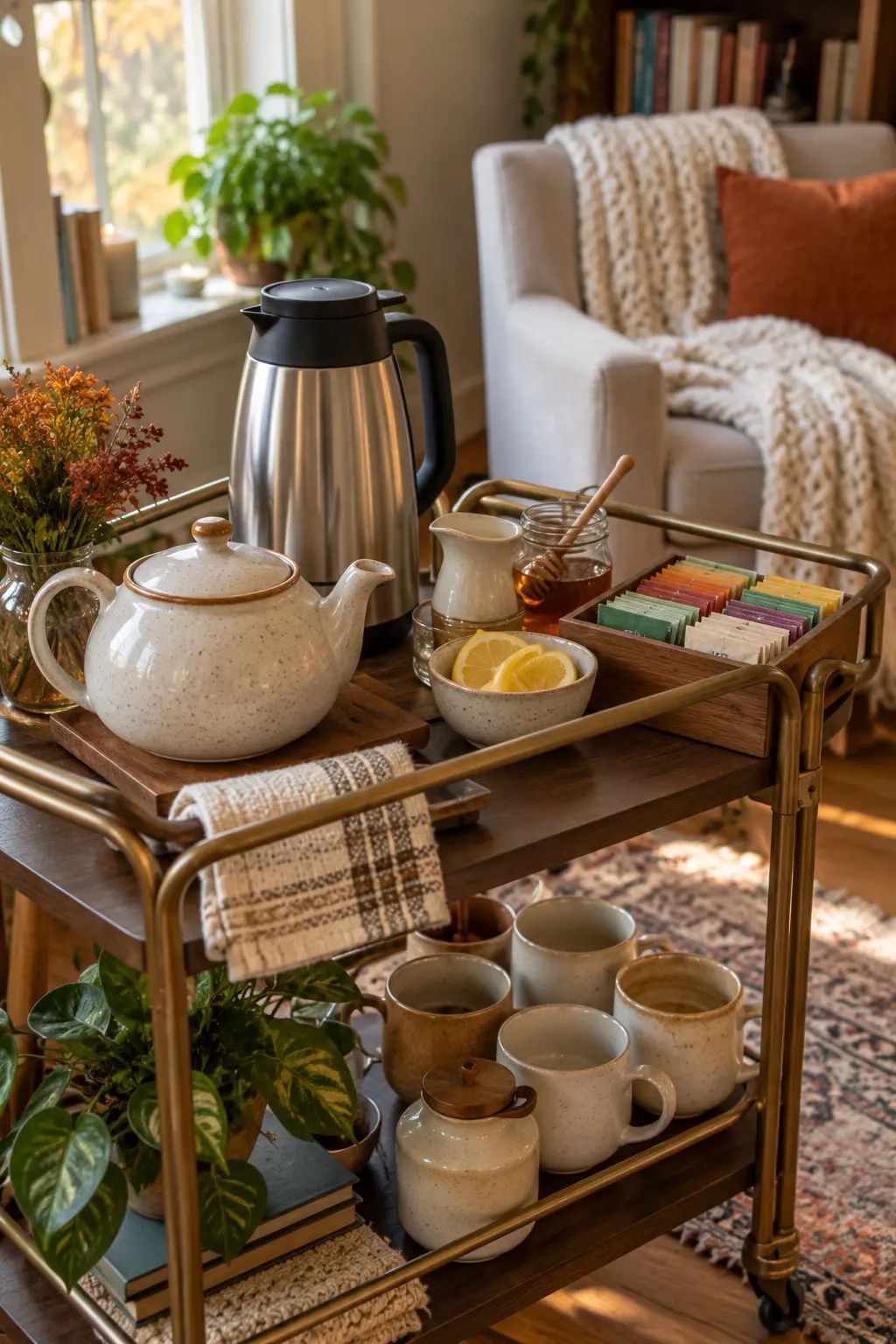 Small rolling chai tea cart with teapot cups honey and warm milk