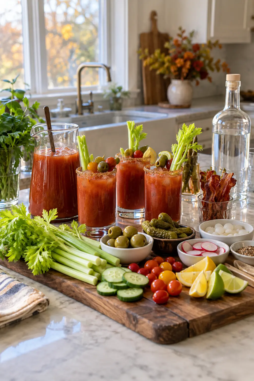 Bloody Mary brunch station with tomato drinks celery olives pickles and citrus