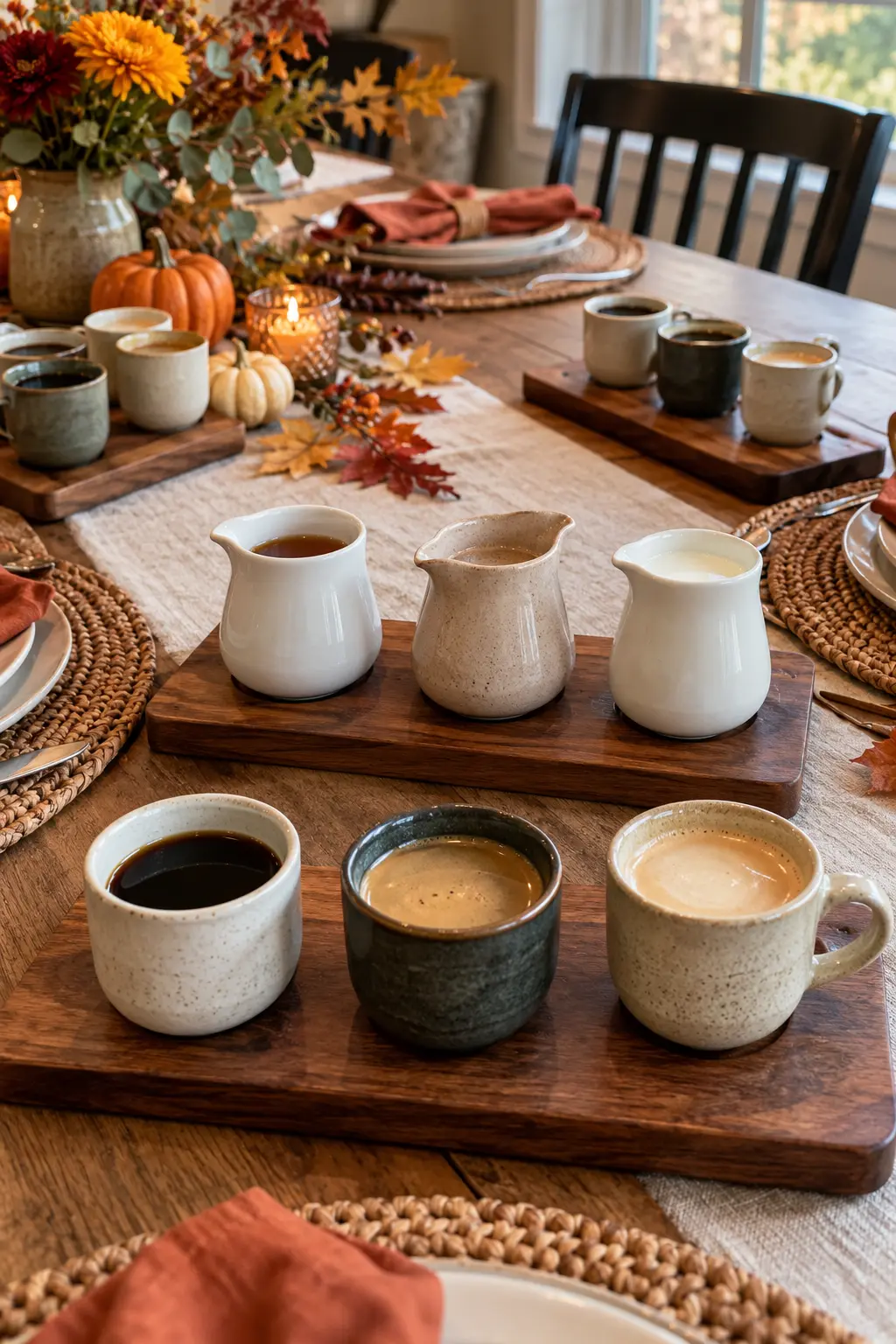 Fall coffee tasting flight with small cups maple cinnamon and vanilla flavors