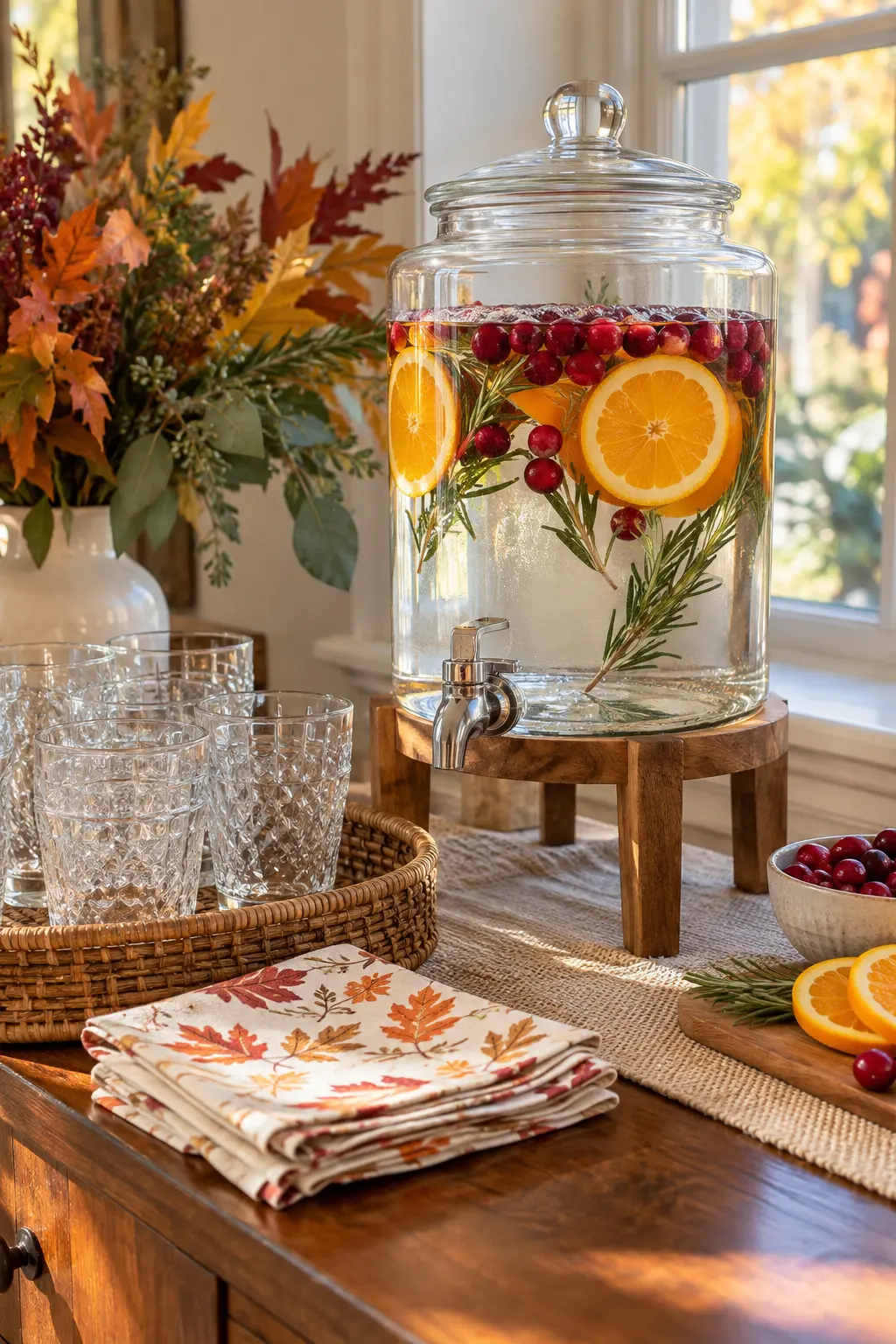 Glass water dispenser with cranberries orange slices and rosemary at a fall brunch
