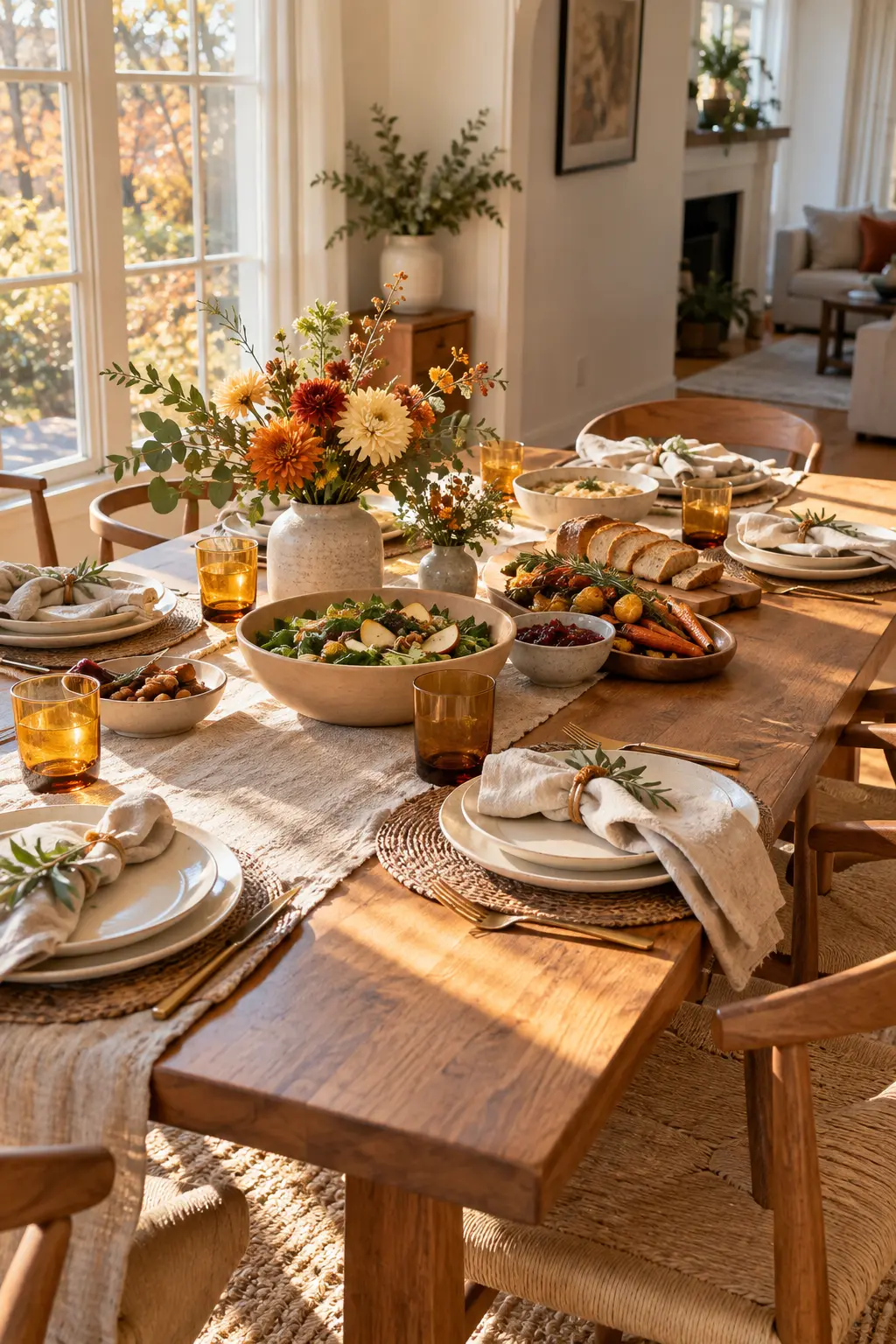 Friendsgiving brunch table with amber glasses cream plates linen napkins and low flowers