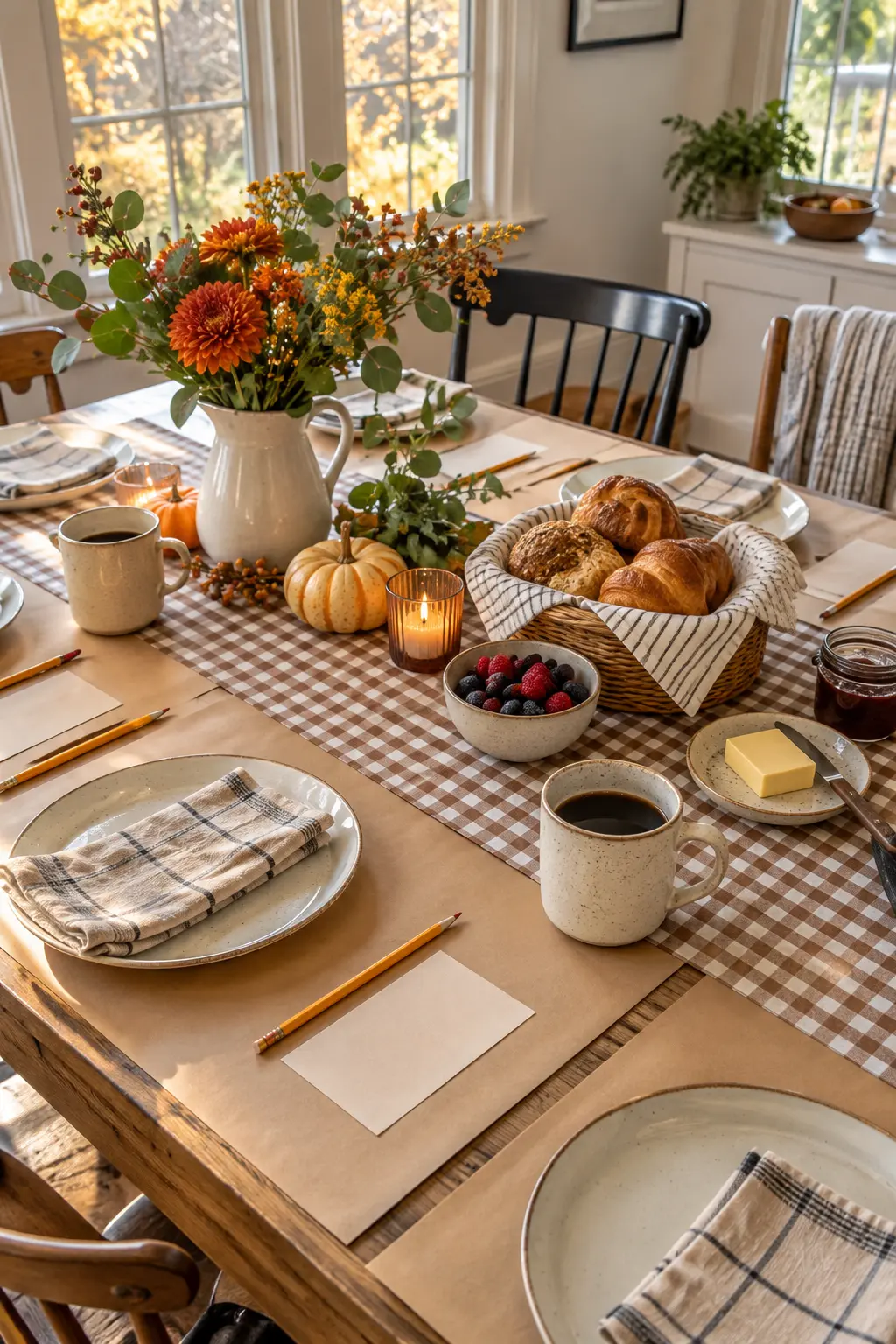 Casual Friendsgiving brunch table with gingham runner and kraft paper place settings