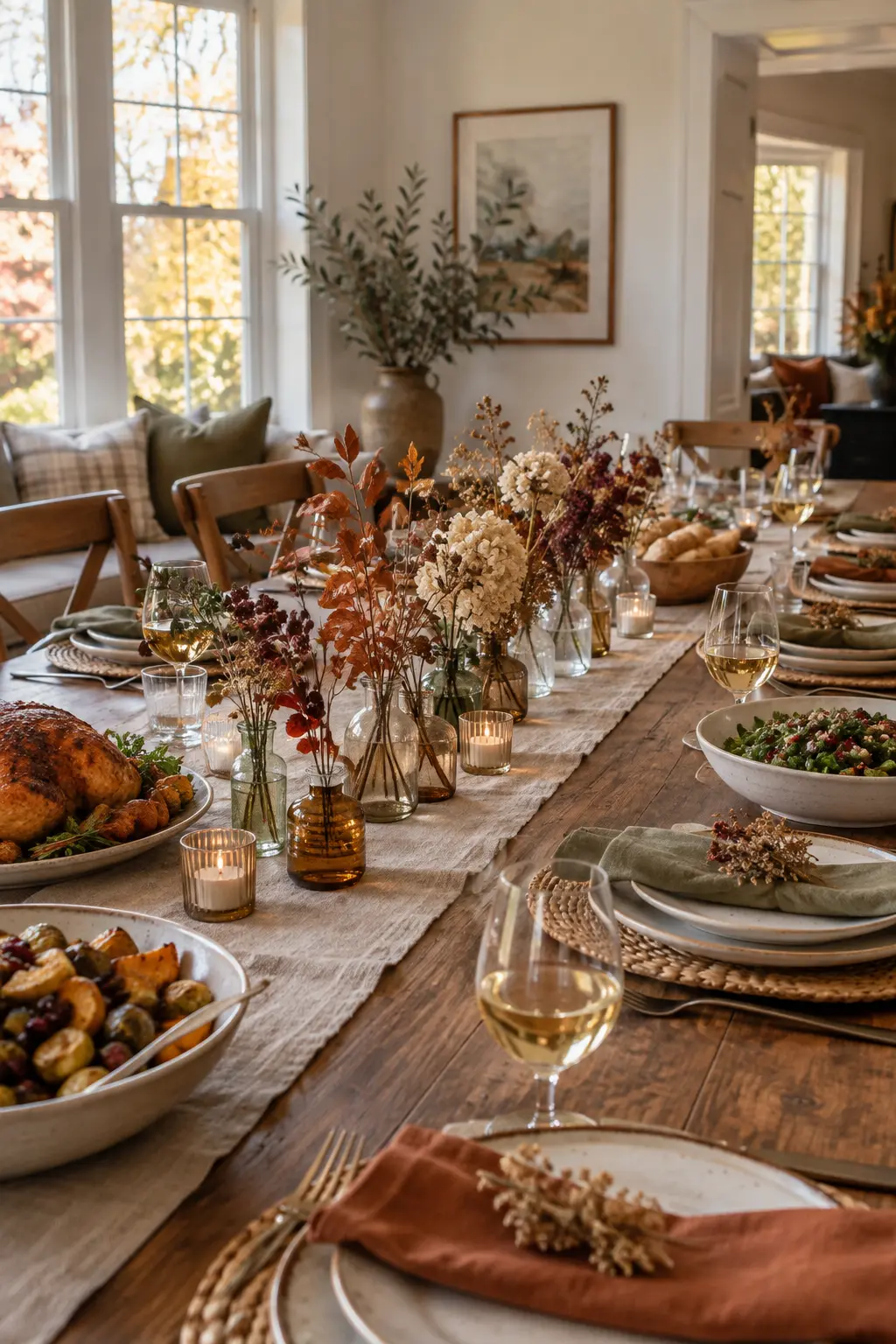 Low row of mismatched bud vases with dried fall flowers on a brunch table