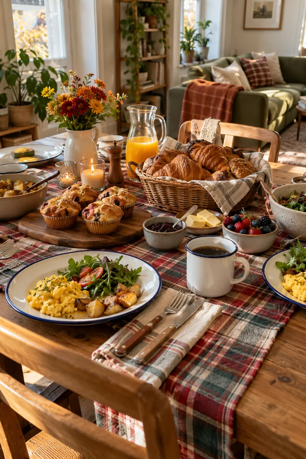 Relaxed plaid picnic inspired Friendsgiving brunch table with enamel dishes and baskets