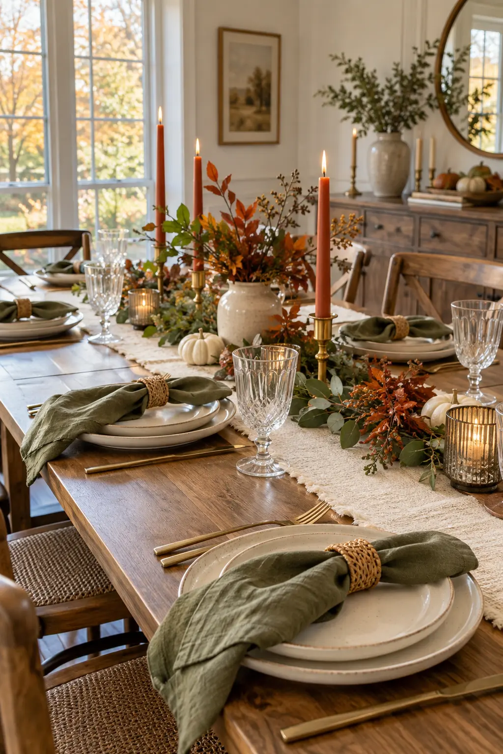 Modern Friendsgiving table in sage green rust and cream with simple fall foliage