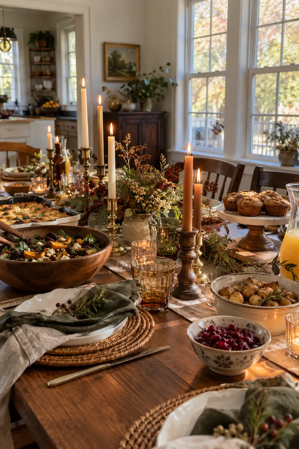 Mismatched thrifted brass and glass candleholders on a Friendsgiving brunch table