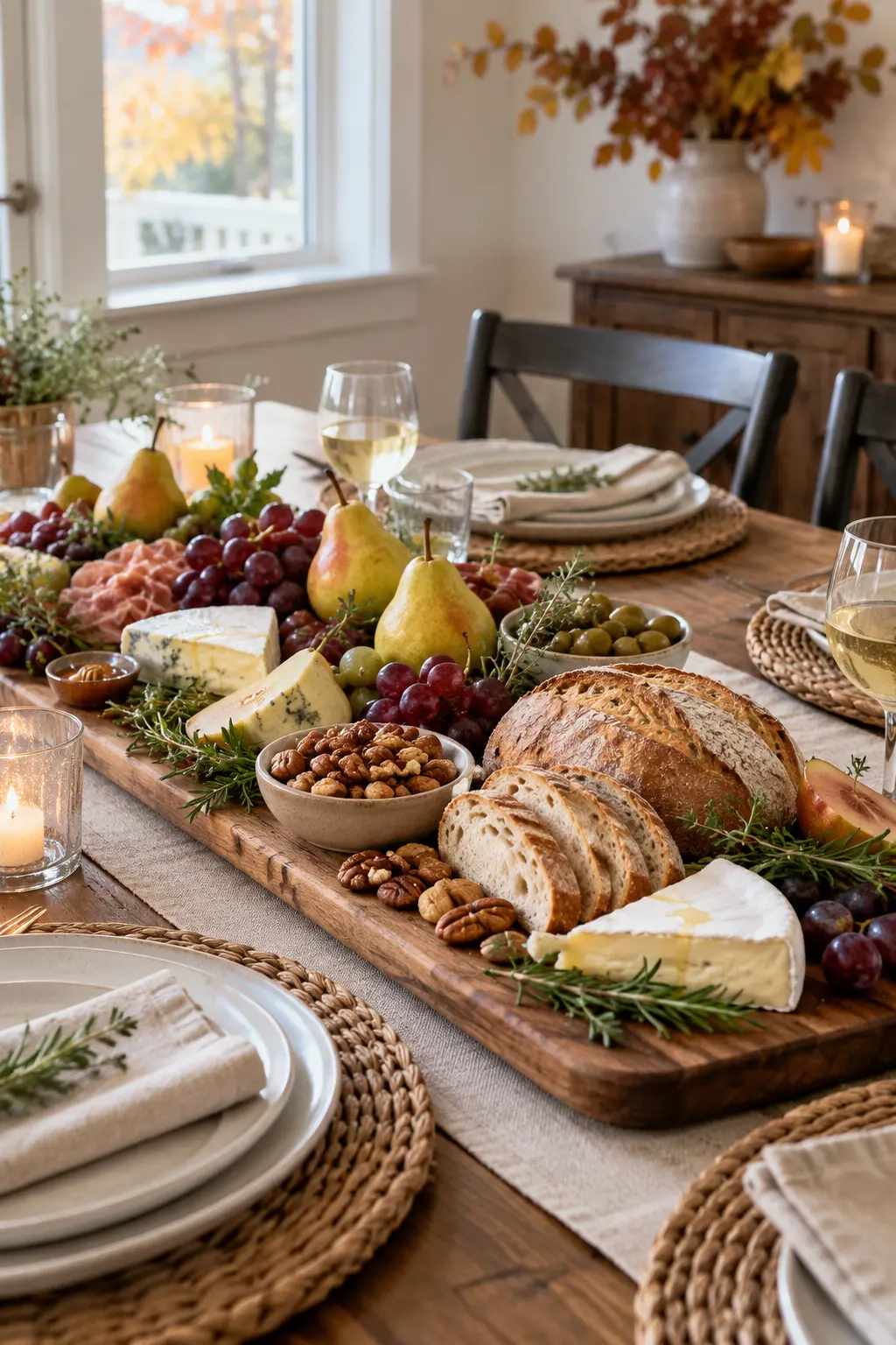 Edible Friendsgiving centerpiece with pears grapes bread nuts and herbs