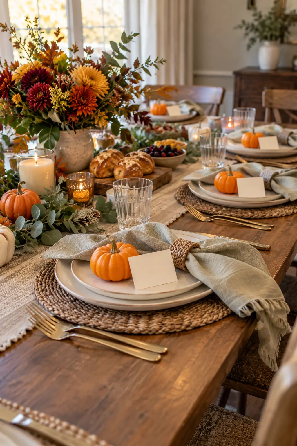 Mini pumpkins holding simple name cards at Friendsgiving brunch place settings